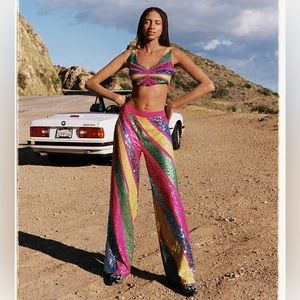 Nasty Gal Sequin Colorblock Wide Leg Pants and Crop Top